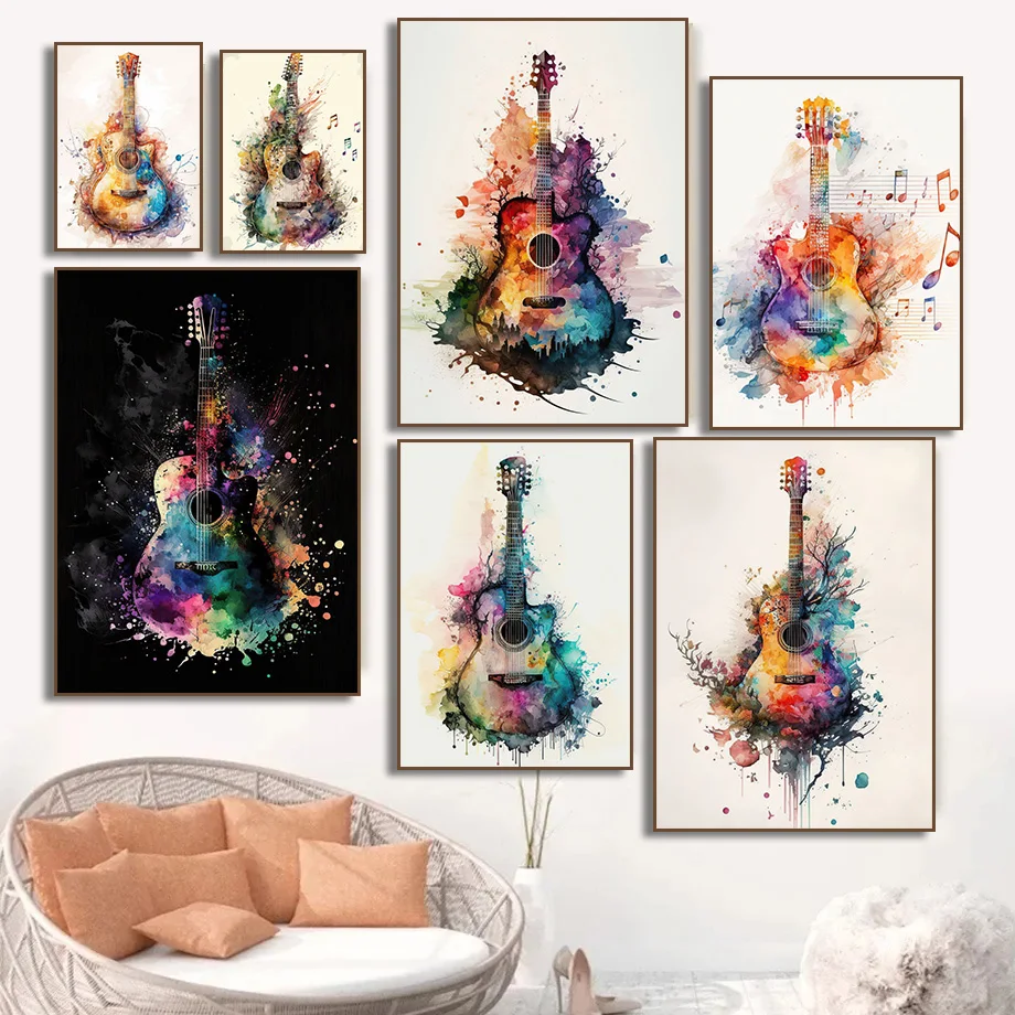 Picture Of Musical Instrument - (ไม่มีกรอบ) โปสเตอร์ภาพวาดสีน้ำกีตาร์เครื่องดนตรี ภาพพิมพ์ติดผนัง ภาพตกแต่งห้องเด็ก ของตกแต่งบ้าน