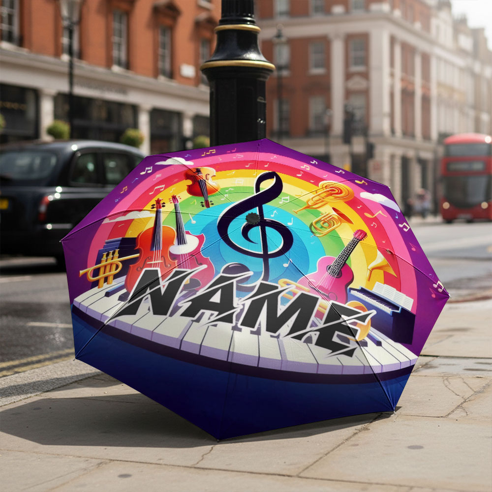 Musical Instrument And Names - ร่มพับลายชื่อสั่งทำพิเศษ, ร่มธีมดนตรีพร้อมลายเครื่องดนตรีสีสันสดใส, ร่มพับแฟชั่นสำหรับใช้ในชีวิตประจำวัน, ของขวัญ