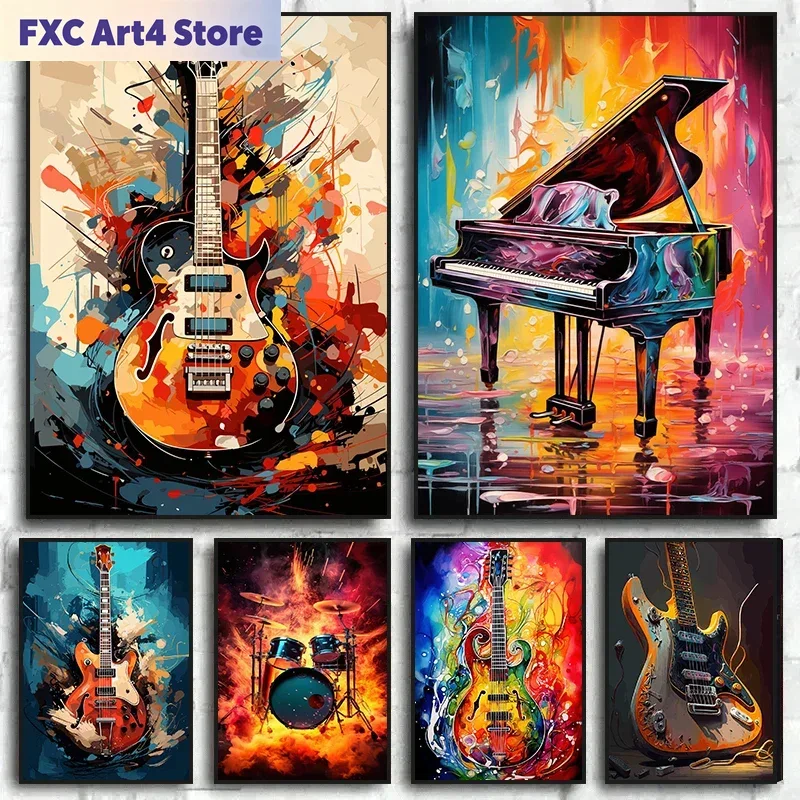 Picture Of Musical Instrument - ศิลปะนามธรรมไร้กรอบ สีสันสดใส เครื่องดนตรี ชุดกลอง กีตาร์ โปสเตอร์